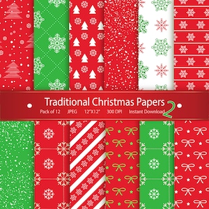 Papier numérique de Noël : Papiers de Noël traditionnels Téléchargement instantané Papier de scrapbooking imprimable Papier flocon de neige Noeud étoiles Hiver numérique