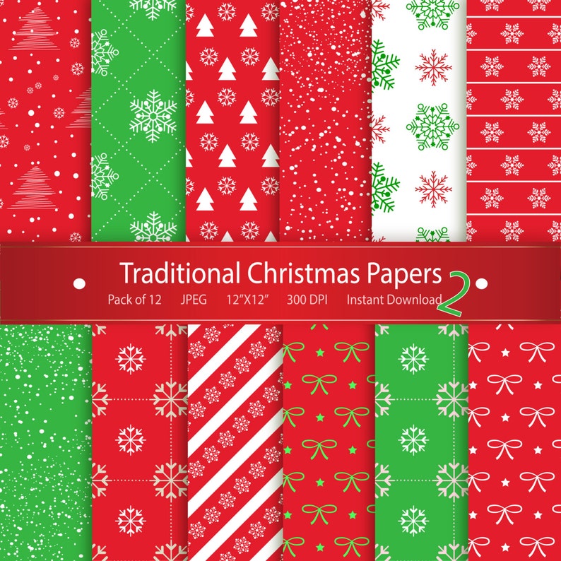 May include: Twelve digital paper designs featuring Christmas themes. The designs include snowflakes, Christmas trees, candy canes, bows, and stars in red, green, and white.