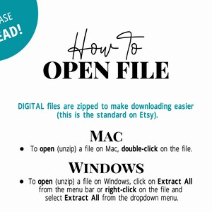 K&ouml;nnte beinhalten: Ein wei&szlig;es Textdokument mit einem blaugr&uuml;nen Kreis oben, auf dem "PLEASE READ!" steht. Das Dokument erkl&auml;rt, wie man eine digitale Datei auf einem Mac oder Windows-Computer &ouml;ffnet. Der Text lautet "DIGITALE Dateien werden gezippt, um das Herunterladen zu vereinfachen (dies ist der Standard bei Etsy)." Das Dokument erkl&auml;rt dann, wie man eine Datei auf einem Mac &ouml;ffnet und wie man eine Datei auf Windows &ouml;ffnet.