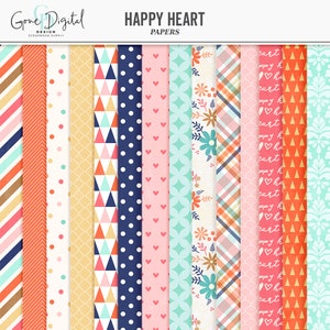 May include: A set of 12 digital papers featuring various patterns in pink, blue, orange, and white. The patterns include polka dots, hearts, triangles, plaid, and floral designs. The text "HAPPY HEART PAPERS" is at the top of the image.