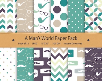 Digital Gentleman Papers A Man's World Paper Pack Hipster Men Guy Digital Boy Baby Shower Printable Boy Digital Pattern Green Purple Gray