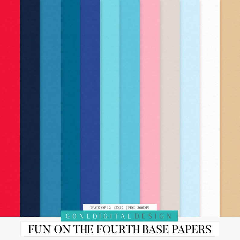 May include: A set of 12 digital papers in various shades of blue, red, pink, beige, and white. The papers are designed for use in digital scrapbooking, card making, and other crafting projects. The text "FUN ON THE FOURTH BASE PAPERS" is displayed at the bottom of the image.