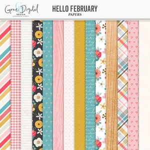 Op de afbeelding: Een set van 10 digitale papieren met verschillende patronen en ontwerpen, waaronder bloemen, geometrische patronen en houtnerf. De papieren zijn perfect voor scrapbooking, kaartmaken en andere knutselprojecten. De titel "HELLO FEBRUARY" staat bovenaan de afbeelding.