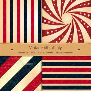 Puede incluir: Un conjunto de cuatro dise&ntilde;os de papel digital con rayas y estrellas rojas, blancas y azules en un estilo vintage. Los dise&ntilde;os son perfectos para crear manualidades patri&oacute;ticas, scrapbooking y proyectos digitales.