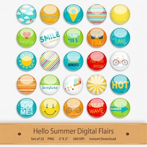 Hello Summer Digital Flairs Scrapbooking Elements Embellishment Bicycle Decorative Stickers Buttons Clipart Badge Clip Art Sunglasses PDF
