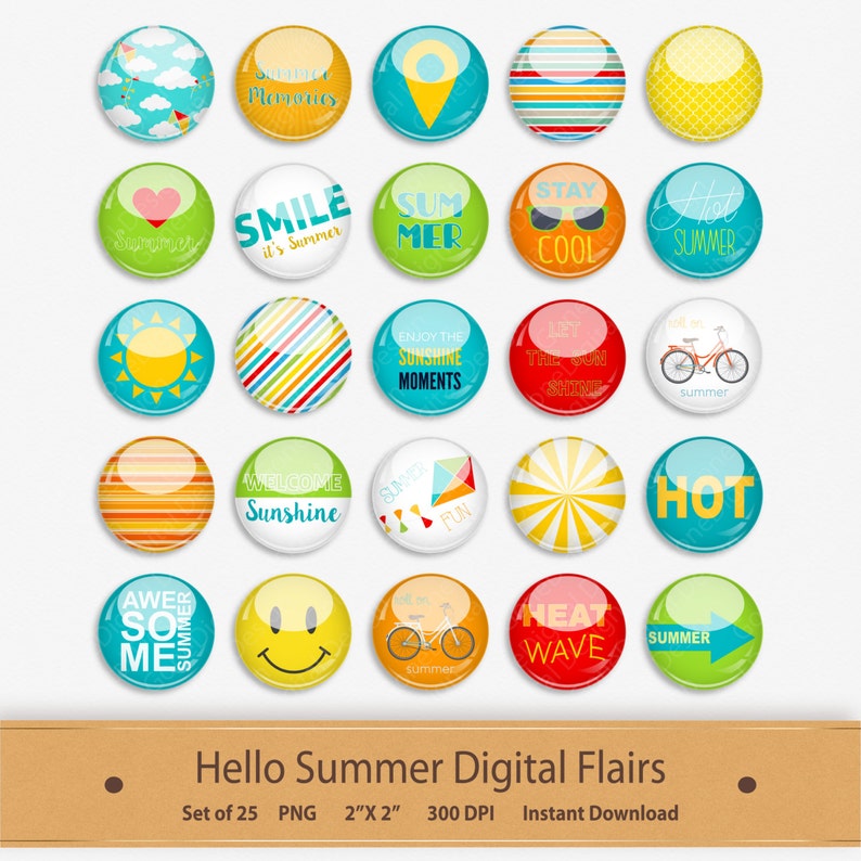 May include: Set of 25 digital summer themed clipart images. Each image is a circle with a different summer design, such as a sun, a bicycle, a beach umbrella, and a smiley face. The images are 2 inches by 2 inches and 300 DPI.