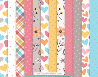 Valentine Digital Paper Pack, Hearts & Flowers (Digital Download)