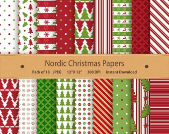 Nordic Christmas Digital Paper Pack: Red & Green Scrapbook Designs (Digital Download)