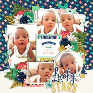 May include: A scrapbook page with a blue, white, and gold color scheme. The page features photos of a baby, along with decorative elements like flowers, stars, and a banner that reads "You call it luck, I call it a blessing".