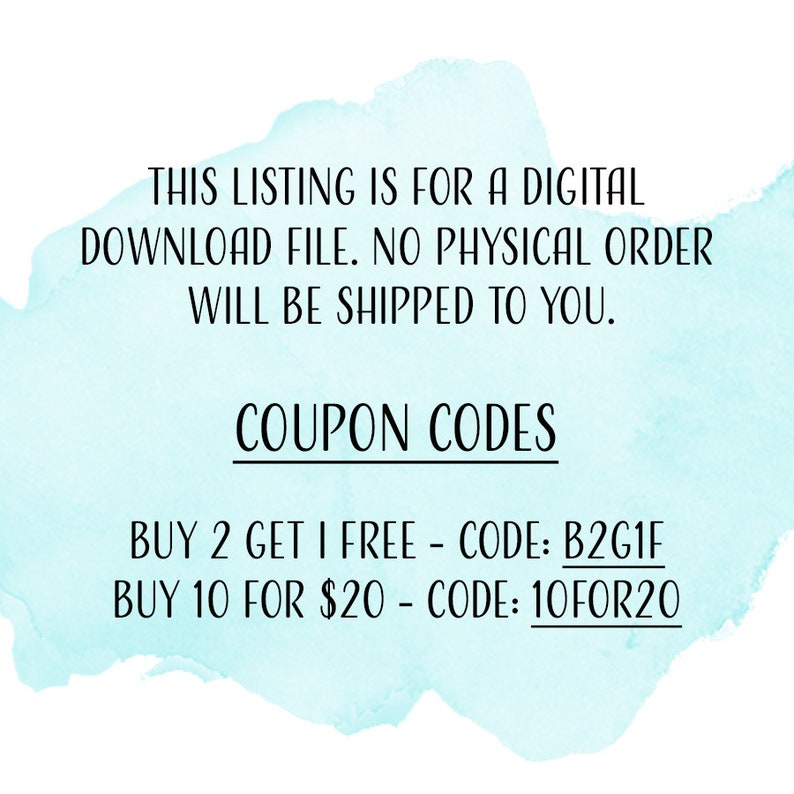 May include: A digital download file with coupon codes for discounts. Buy 2 get 1 free with code B2G1F or buy 10 for $20 with code 10FOR20.