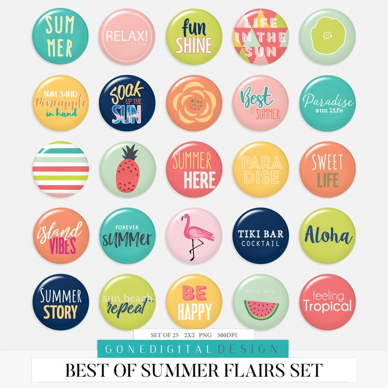 May include: Set of 25 summer themed digital clipart images. The images are round and feature various summer-related phrases and designs, such as "Summer Here", "Forever Summer", "Paradise", "Aloha", and "Sweet Life".