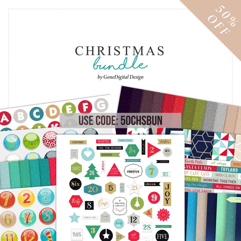 Pu&ograve; includere: Un pacchetto di Natale con uno sconto del 50%. Il pacchetto include carte digitali, adesivi e lettere dell'alfabeto. Le carte digitali presentano una variet&agrave; di disegni festivi, tra cui fiocchi di neve, stelle e motivi geometrici. Gli adesivi includono numeri, parole e illustrazioni a tema natalizio. Le lettere dell'alfabeto sono in un carattere audace e colorato. Il testo "USE CODE: 50CHSBUN" &egrave; visualizzato in rosso.