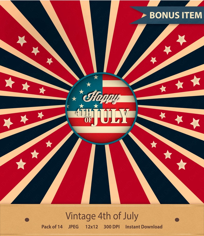 Puede incluir: Gr&aacute;fico vintage del 4 de julio con un fondo de estallido de estrellas rojo, blanco y azul. El centro del gr&aacute;fico presenta un c&iacute;rculo con una bandera estadounidense estilizada y el texto "Happy 4th of July".