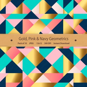 May include: A seamless pattern featuring geometric shapes in gold, pink, and navy blue. The pattern is made up of triangles and squares arranged in a repeating pattern.