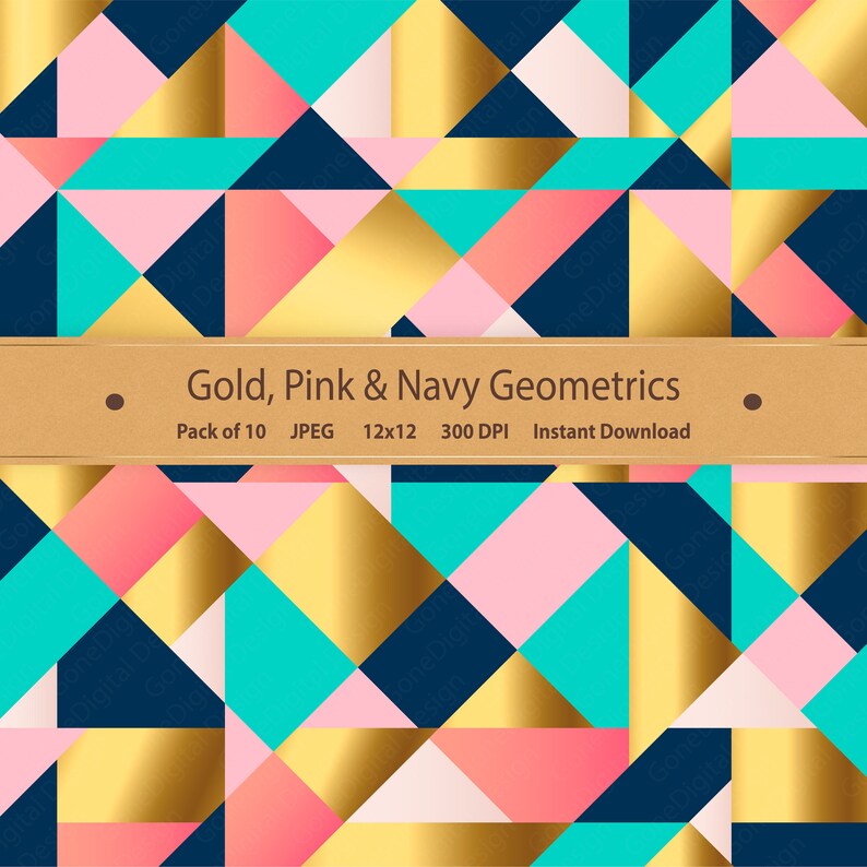 May include: A seamless pattern featuring geometric shapes in gold, pink, and navy blue. The pattern is made up of triangles and squares arranged in a repeating pattern.