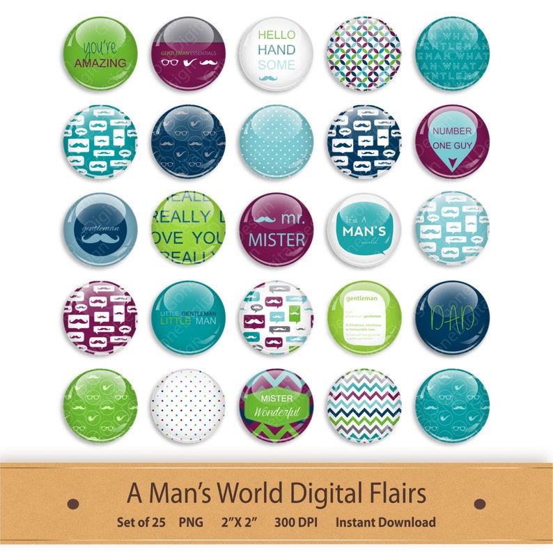May include: Set of 25 digital graphics featuring various designs, including moustaches, polka dots, geometric patterns, and text. The graphics are in a variety of colours, including green, blue, purple, and white. The graphics are 2 inches by 2 inches and 300 DPI.