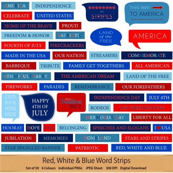Red White And Blue Word & Speech Bubble Set Independence Day Patriotic America Fourth of July 4th Digital Scrapbook Clipart Element Word Tag Il_570xn