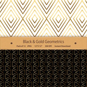 May include: A set of 12 digital paper patterns featuring geometric designs in black and gold. The patterns are seamless and can be used for a variety of projects, such as scrapbooking, card making, and digital design.