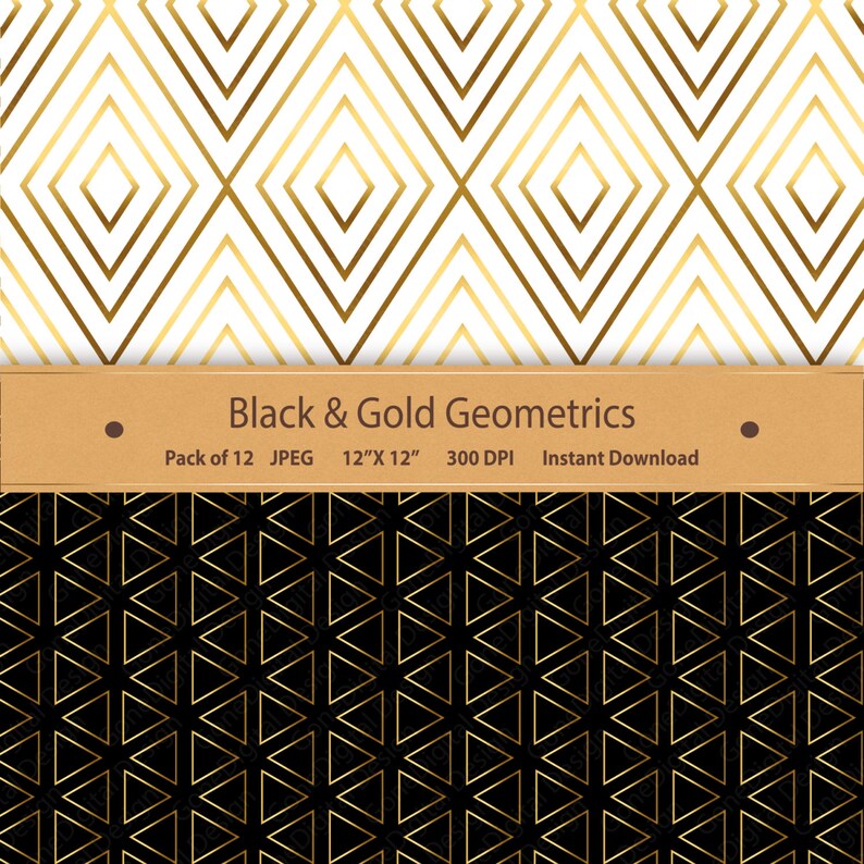 May include: A set of 12 digital paper patterns featuring geometric designs in black and gold. The patterns are seamless and can be used for a variety of projects, such as scrapbooking, card making, and digital design.