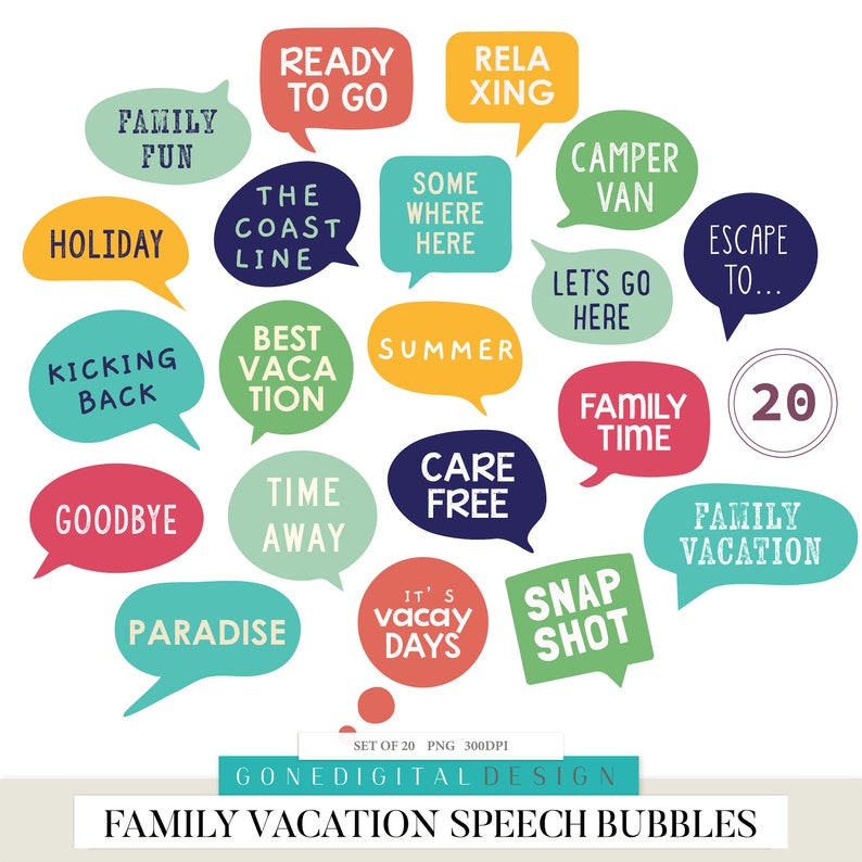 Op de afbeelding: Set van 20 kleurrijke spraakballonnen met tekst die betrekking heeft op gezinsvakanties. De tekst bevat zinnen als "Family Fun", "Ready to Go", "Best Vacation", "Care Free", "Family Time", "Family Vacation", "Snap Shot", "It's Vacay Days", "Paradise", "Goodbye", "Summer", "Escape To", "Let's Go Here", "Kicking Back", "The Coast Line", "Some Where Here", "Holiday", "Relaxing", "Camper Van", "Time Away", "20".