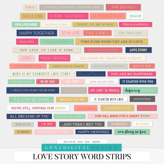 Love Digital Word Strips Word Sticker Scrapbook Printable Sheet Love Story  Valentine Card Sentiments Word Captions Conversation Starters 