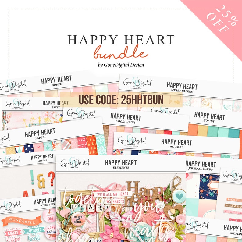 Puede incluir: Un paquete de scrapbooking digital con el t&iacute;tulo "Happy Heart Bundle" de GoneDigital Design. El paquete incluye una variedad de papeles digitales, elementos y alfas en colores rosa, azul y verde. El texto "USE CODE: 25HHTBUN" se muestra en un cuadro amarillo.