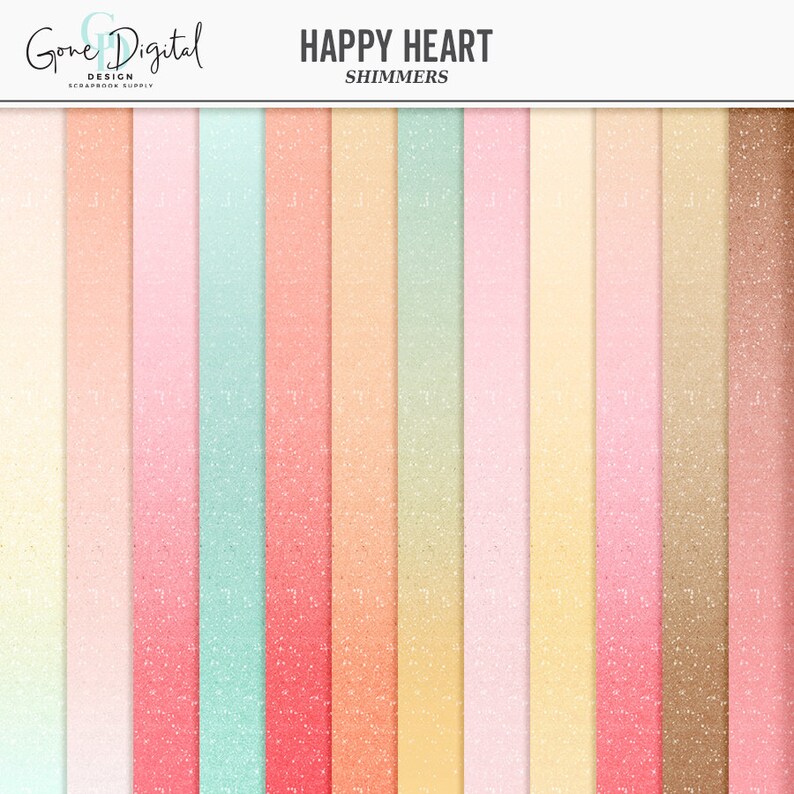 Puede incluir: Un conjunto de 12 fondos de papel digital con una textura brillante y reluciente. Los papeles presentan un degradado de colores pastel, incluyendo rosa, melocot&oacute;n, amarillo, verde y azul.