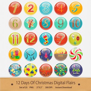 Pu&ograve; includere: Set di 25 immagini digitali con motivi natalizi. Ogni immagine &egrave; un cerchio di 5 cm per 5 cm con un tema natalizio diverso. Le immagini includono i numeri da 1 a 12, bastoncini di zucchero, calze di Natale e altri motivi festivi.