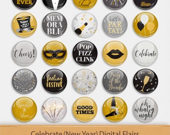 Celebrate New Years Digital Flairs Scrapbook Elements Pins Buttons Badge Clipart Embellishments Fireworks Party Clip Art Digital Stickers