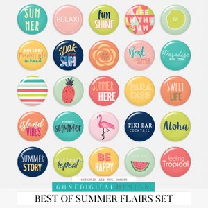 May include: Set of 25 summer themed digital clipart images. The images are round and feature various summer-related phrases and designs, such as "Summer Here", "Forever Summer", "Paradise", "Aloha", and "Sweet Life".