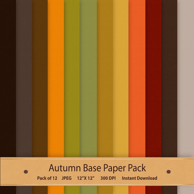 May include: A set of 12 digital paper backgrounds in autumn colors. The papers are 12 inches by 12 inches and 300 DPI.  Autumn Base Paper Pack. Pack of 12 JPEG 12"X12" 300 DPI Instant Download