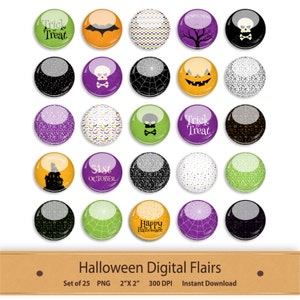 Halloween Clipart Stickers Flairs Buttons Printable PDF Collage Sheet Planner Embellishments Bottle Cap Images Digital Scrapbook Clip Art image 1