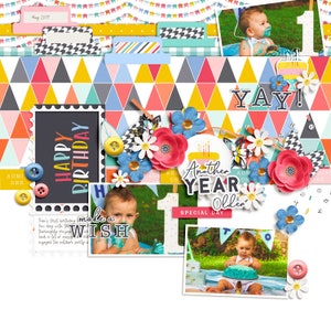 May include: A colourful scrapbook page with photos of a baby celebrating their first birthday. The page features a variety of decorations, including flags, flowers, and buttons. The text "Happy Birthday" and "Another Year Older" are also included.