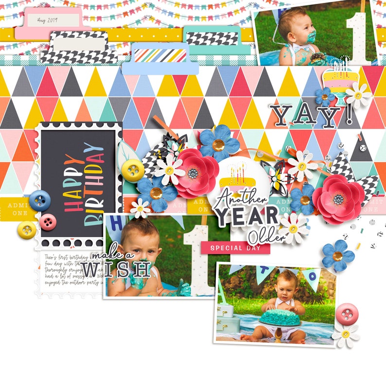 May include: A colourful scrapbook page with photos of a baby celebrating their first birthday. The page features a variety of decorations, including flags, flowers, and buttons. The text "Happy Birthday" and "Another Year Older" are also included.