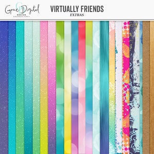 May include: A collection of 18 digital paper patterns for scrapbooking and digital design. The patterns include a variety of colors and textures, including glitter, wood grain, and abstract designs. The text "Virtually Friends Extras" is at the top of the image.