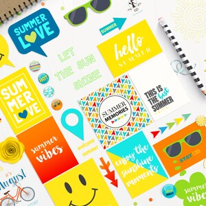 Puede incluir: Una colecci&oacute;n de tarjetas imprimibles coloridas con texto y gr&aacute;ficos de tem&aacute;tica veraniega. Las tarjetas presentan frases como "Summer Love", "Let the Sun Shine", "Summer Memories", "This is the Best Summer", "Enjoy the Sunshine Moments" y "Summer Vibes".