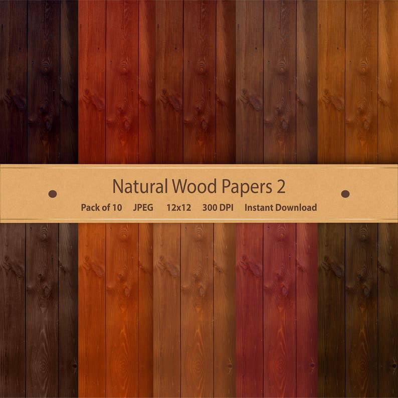 Op de afbeelding: Een digitale download van 10 houtnerftexturen. De texturen zijn in verschillende tinten bruin, rood en zwart. De tekst "Natural Wood Papers 2" wordt weergegeven op een bruine banner.