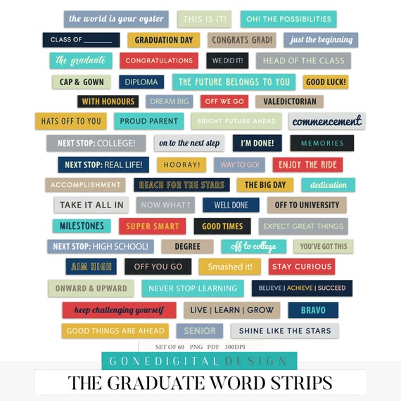 digital graduate word strips graduate tags graduate quotes graduate word art png graduate invitation supplies journal sticker printable word by gonedigital design catch my party