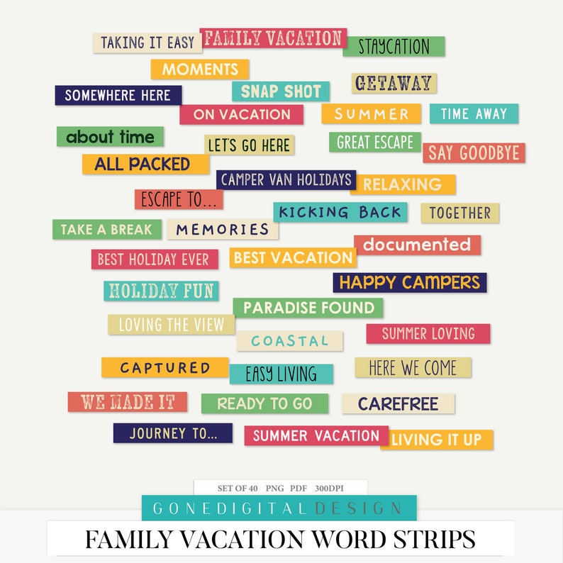 May include: A set of 40 colorful word strips with phrases related to family vacations. The words are in a variety of fonts and colors, and they are arranged in a random pattern. The words include "Taking it Easy", "Family Vacation", "Staycation", "Moments", "Somewhere Here", "Snap Shot", "Getaway", "On Vacation", "Summer", "Time Away", "About Time", "Let's Go Here", "Great Escape", "Say Goodbye", "All Packed", "Escape To...", "Camper Van Holidays", "Relaxing", "Kicking Back", "Together", "Take a Break", "Memories", "Documented", "Best Holiday Ever", "Best Vacation", "Happy Campers", "Holiday Fun", "Paradise Found", "Loving the View", "Summer Loving", "Coastal", "Captured", "Easy Living", "Here We Come", "We Made It", "Ready to Go", "Carefree", "Journey To...", "Summer Vacation", and "Living It Up".