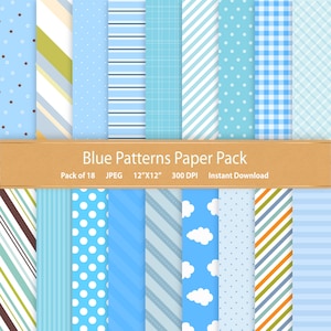Blue Scrapbook Paper: Polka Dot, Plaid, Stripes (Digital Download)