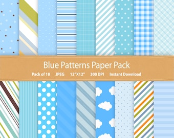 Blue Patterns Digital Paper Pack Digital Scrapbooking Paper Stripes Polka dot Plaid Check Pattern Digital Scrapbook Paper Commercial Use