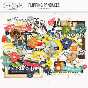 May include: A digital scrapbook kit with colorful illustrations and text related to pancakes. The kit includes images of pancakes, syrup, milk, flowers, and other breakfast-themed elements. The text includes phrases like "Hummy", "Made with Love", "Pancake Lover", "The Sweet", "Let Eat", and "Cake Mornings".