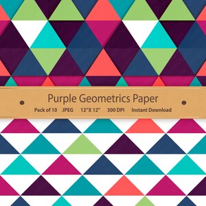 May include: A digital paper pack with a repeating pattern of colorful triangles. The pattern features shades of purple, teal, green, pink, and coral. The text "Purple Geometrics Paper" is displayed on a brown banner.