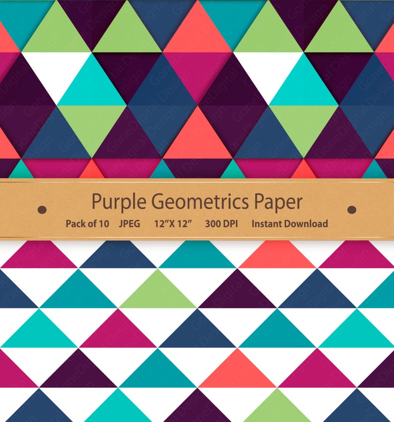 May include: A digital paper pack with a repeating pattern of colorful triangles. The pattern features shades of purple, teal, green, pink, and coral. The text "Purple Geometrics Paper" is displayed on a brown banner.