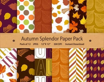 Papier numérique Automne Scrapbook Papier Automne Splendeur Feuilles d’automne Kit Scrapbook imprimable Télécharger Récolte Fond Rouge Jaune Orange