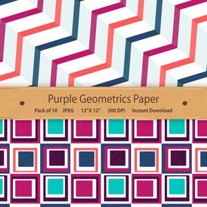 May include: A digital paper pack with two geometric patterns. The first pattern features a white background with overlapping pink, blue, and red zigzags. The second pattern features a white background with a grid of squares in pink, blue, turquoise, and dark purple.
