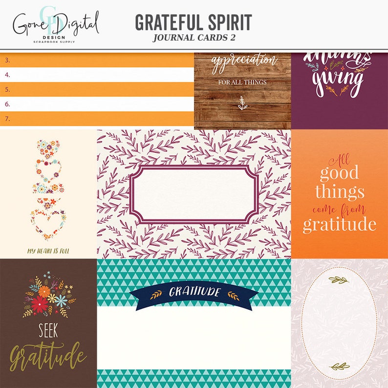 May include: A set of printable journal cards with a fall theme. The cards feature various designs including a floral heart, a wreath, a banner with the word "gratitude", and a woodgrain background with the text "appreciation for all things".
