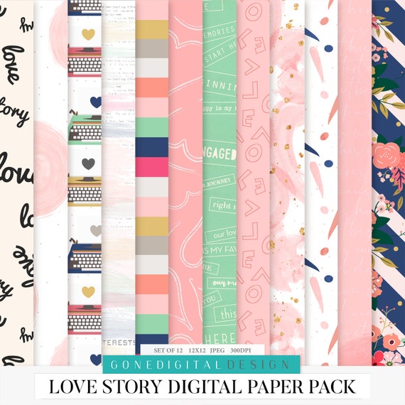 Love Story Printable Digital Paper Pack Printable Love Pattern Paper Love Paper Love Printable Pink & Gold Valentines Paper Wedding Artwork Il_570xn