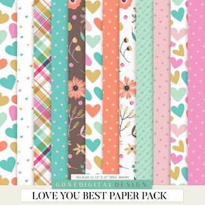 Puede incluir: Un paquete de papel digital con 12 patrones diferentes que incluyen corazones, lunares, cuadros y dise&ntilde;os florales en tonos de rosa, azul, marr&oacute;n y dorado. El texto "LOVE YOU BEST PAPER PACK" est&aacute; en la parte inferior de la imagen.