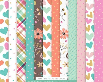 Valentine's Day Digital Paper Pack: Hearts, Florals (Digital Download)